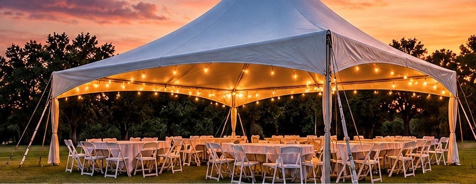 White 20x20 High Peak tent at sunset